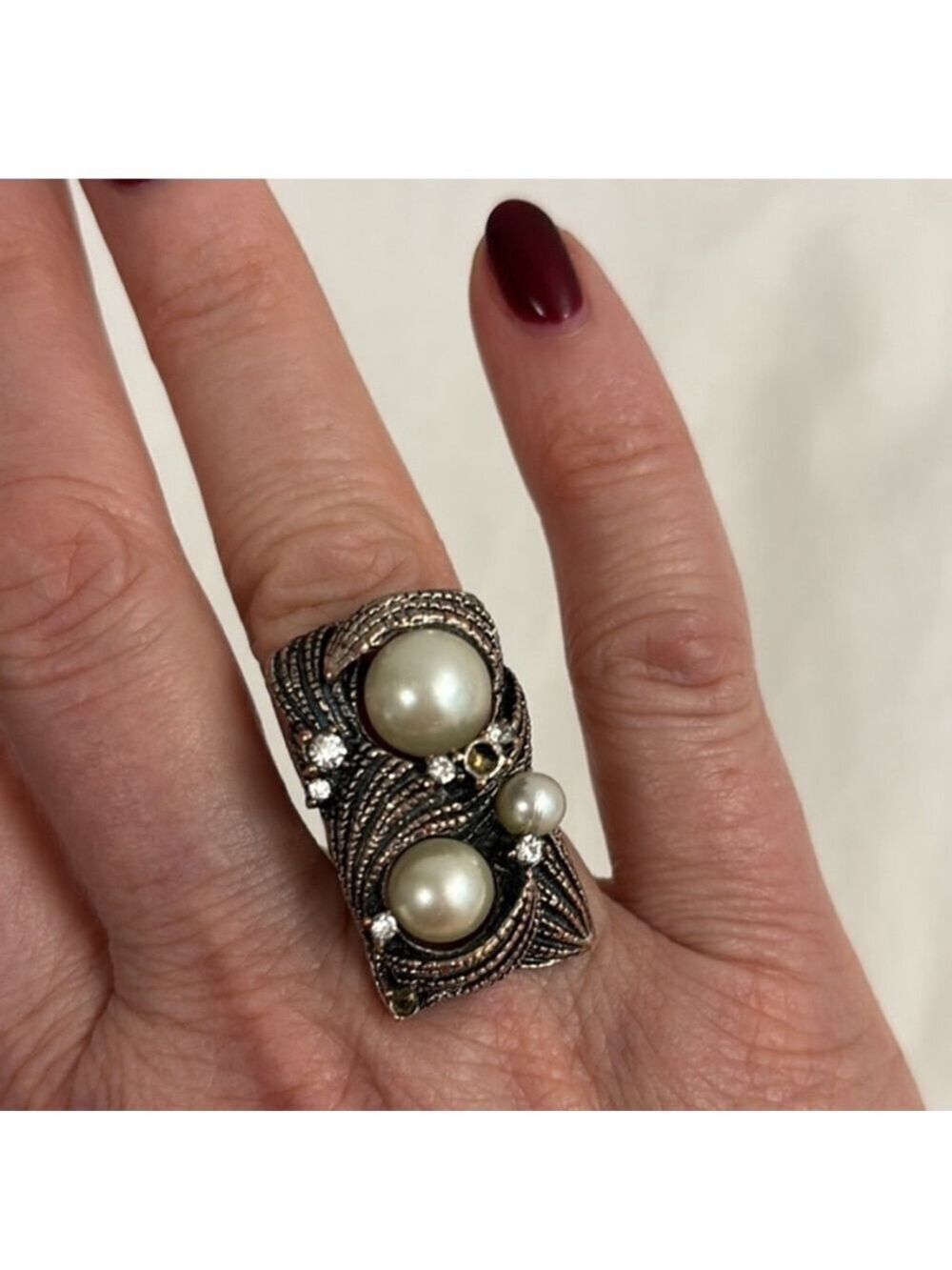 Art Deco Faux Pearl Rhinestone Ring silver tone swirl cocktail ring adjustable